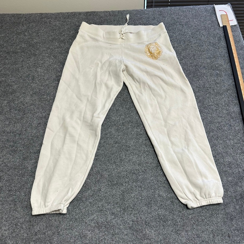Pink Sweatpants Womens Size L Cream Gold Crest Jogger Fleece Drawstring Stained